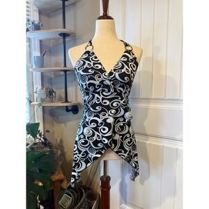 Los Angeles Express Swirl Print Halter Top Sharkbite Hem Y2K Black Blue Medium